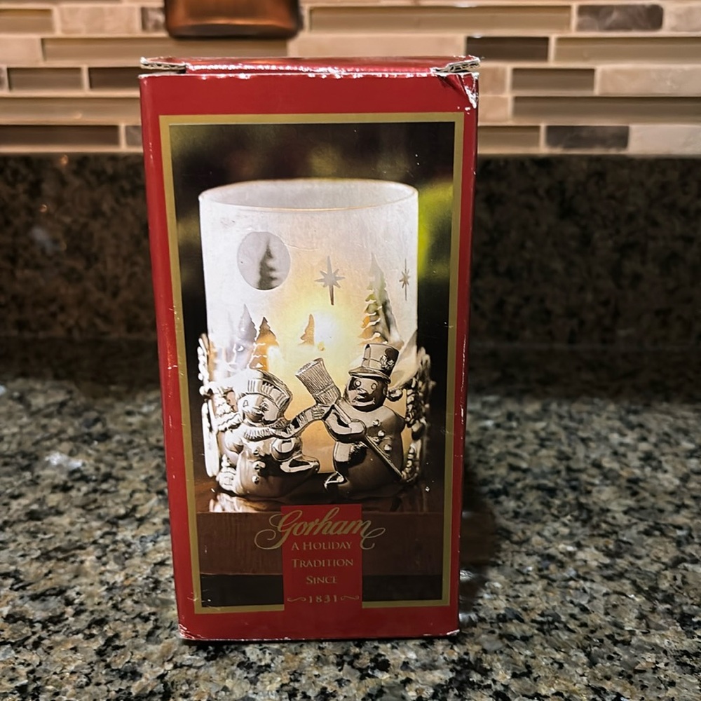 Gorham dancing snowmen votive relight candles holder NIB